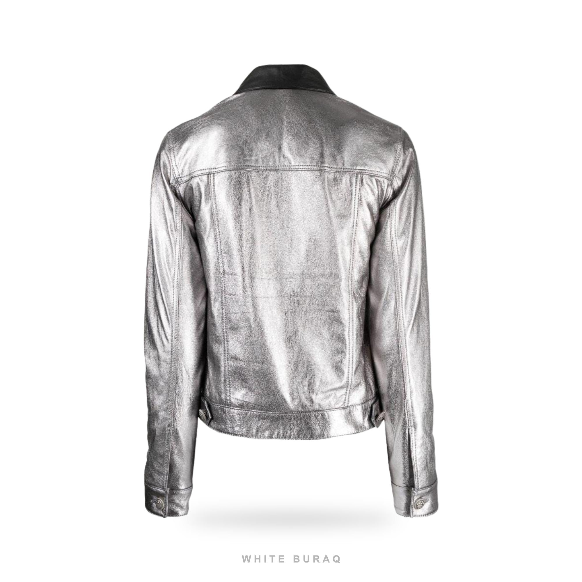 Women's Metallic Silver Cropped Leather Jacket with Black Collar – view 2