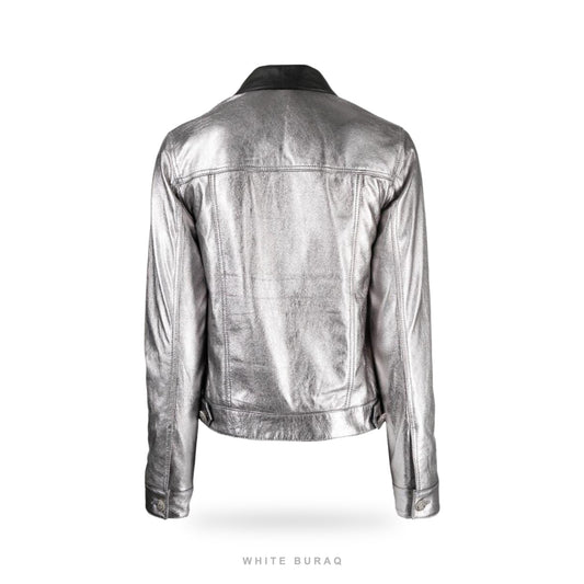 Women's Metallic Silver Cropped Leather Jacket with Black Collar – view 2