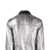 Women's Metallic Silver Cropped Leather Jacket with Black Collar – view 3