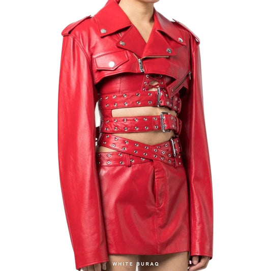 Women's Red Sheepskin Leather Bolero Moto Jacket – view 2