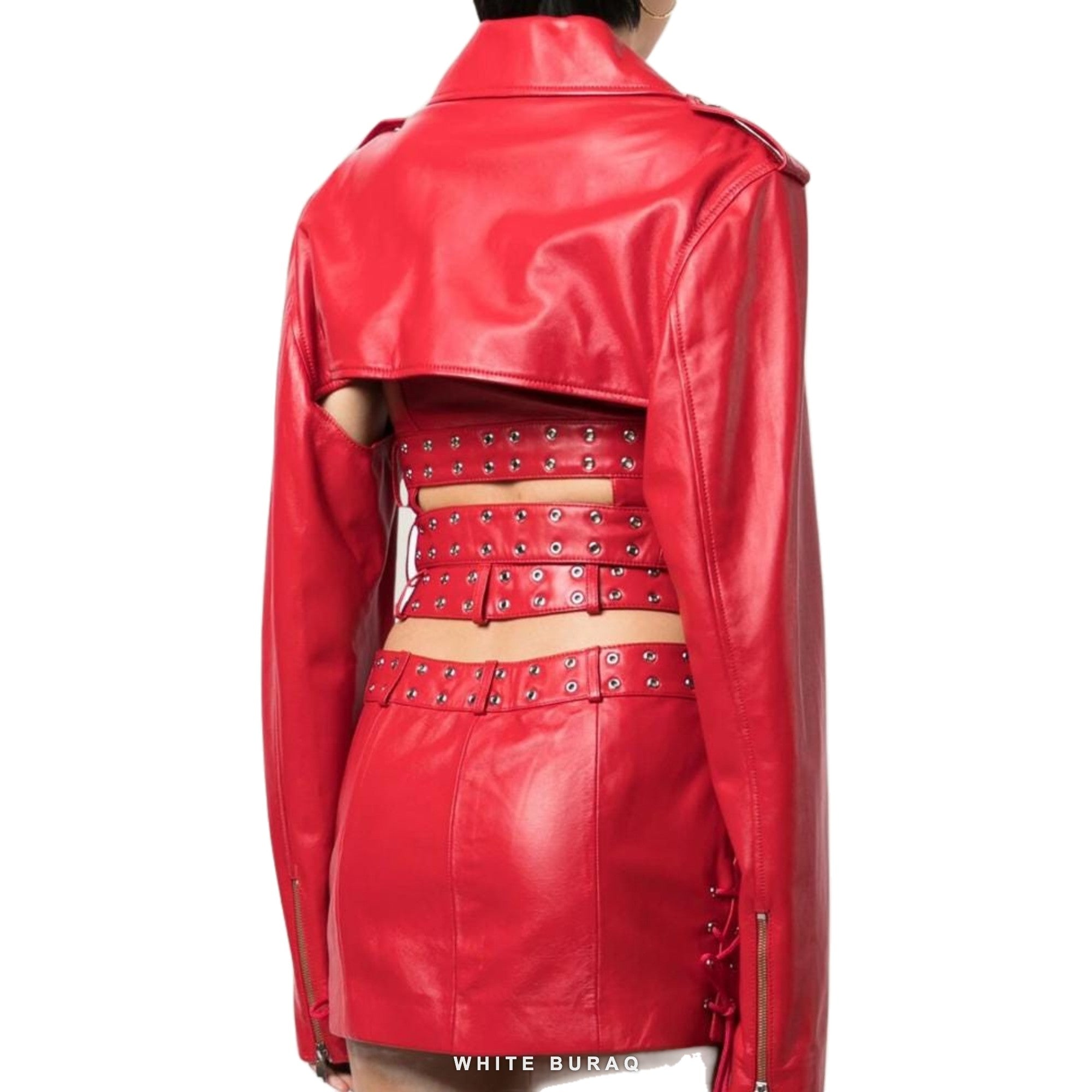 Women's Red Sheepskin Leather Bolero Moto Jacket – view 3