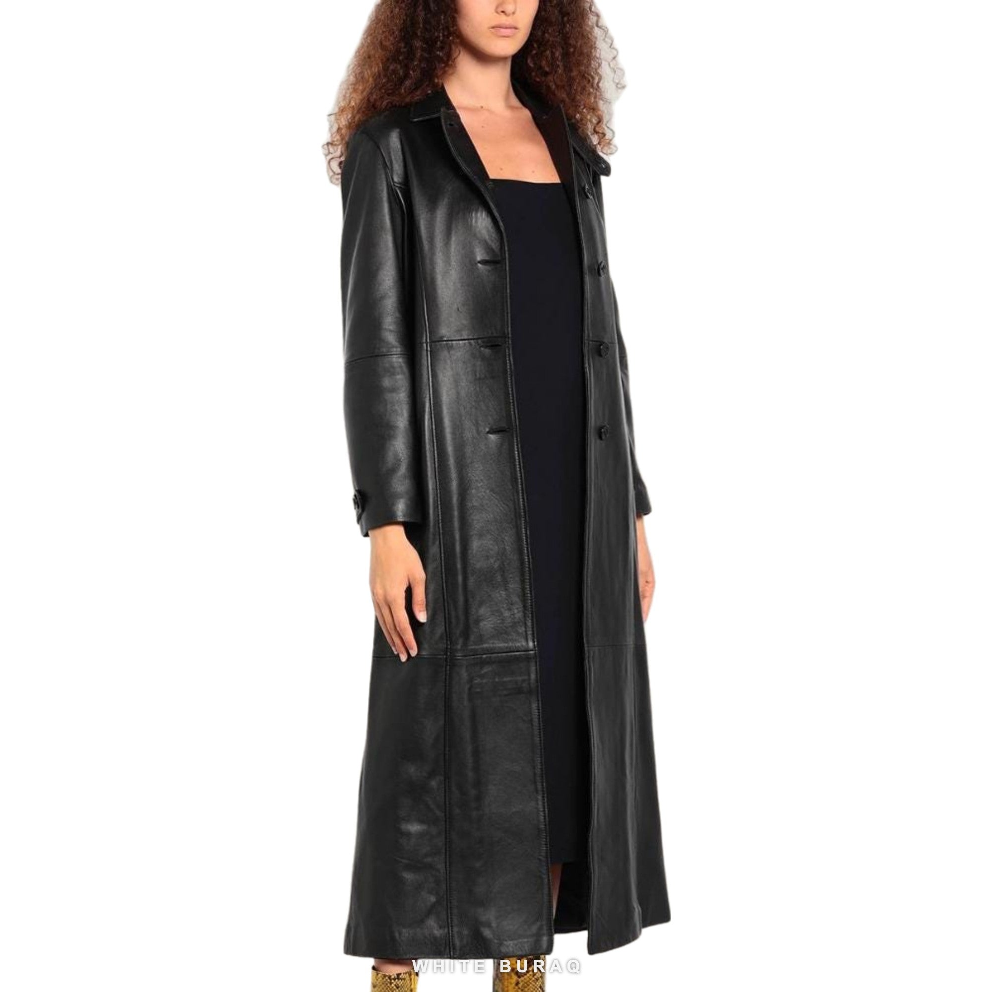 Women's Full-Length Black Leather Trench Coat – view 3