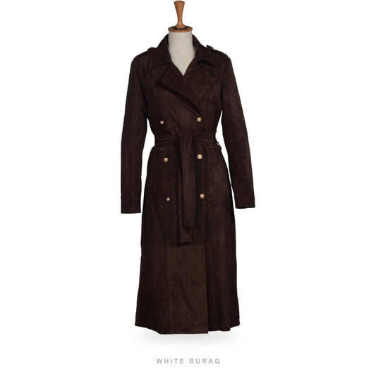 Women's Chocolate Brown Suede Double-Breasted Long Coat
