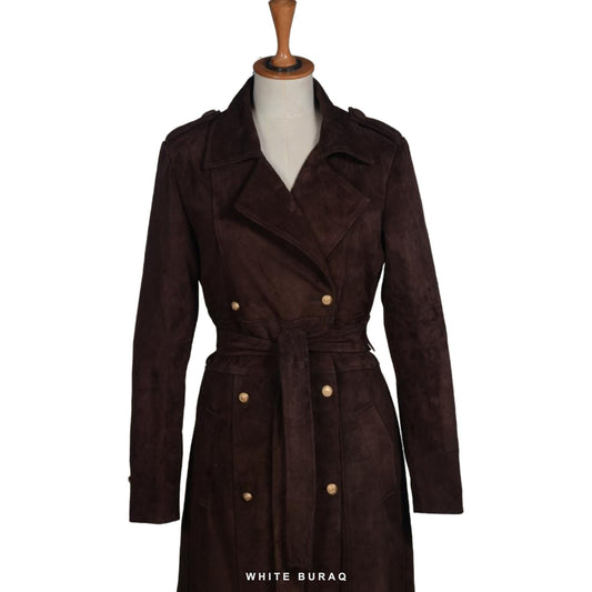 Women's Chocolate Brown Suede Double-Breasted Long Coat – view 2