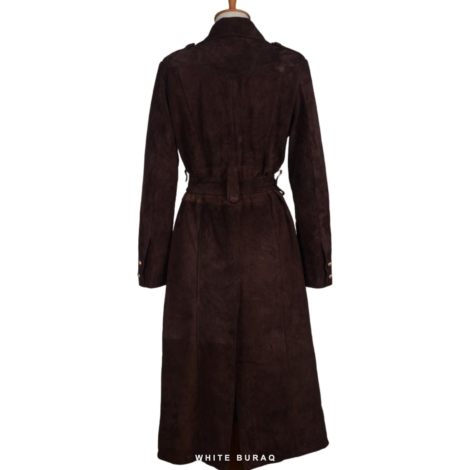 Women's Chocolate Brown Suede Double-Breasted Long Coat – view 4