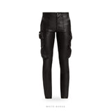 Men's Slim Black Leather Cargo Pants