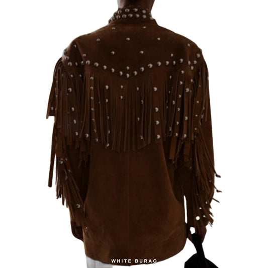Women's Studded Brown Suede Fringe Western Jacket – view 2