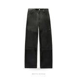 Men's Black Sheepskin Leather Straight-Leg Pants