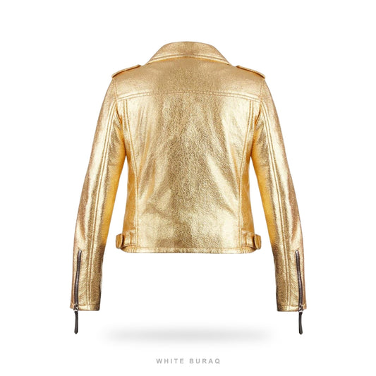 Women's Gold Metallic Cropped Asymmetric Biker Jacket – view 2