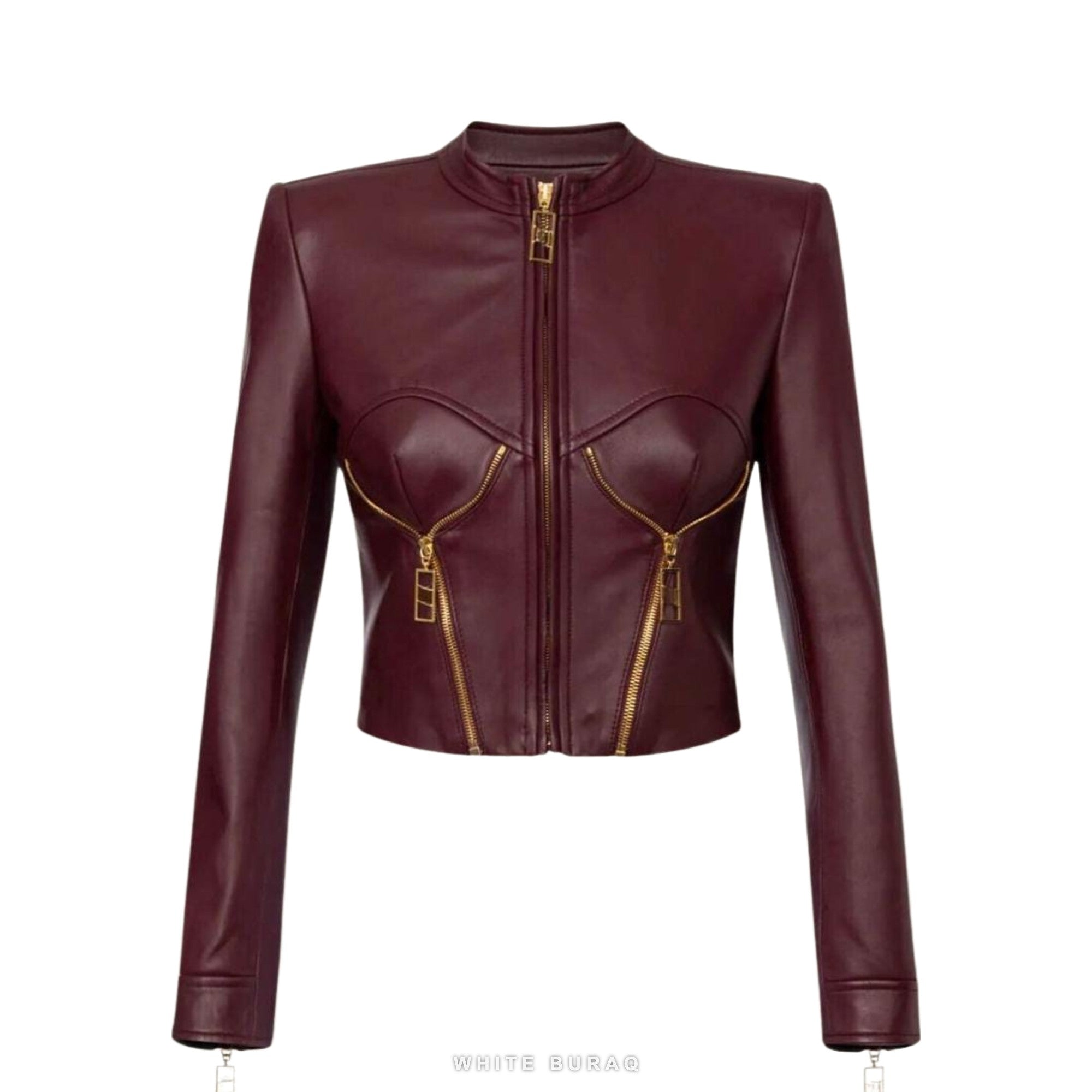 Women's Burgundy Sheepskin Cropped Peplum Jacket
