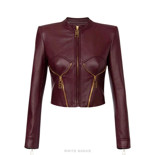 Women's Burgundy Sheepskin Cropped Peplum Jacket