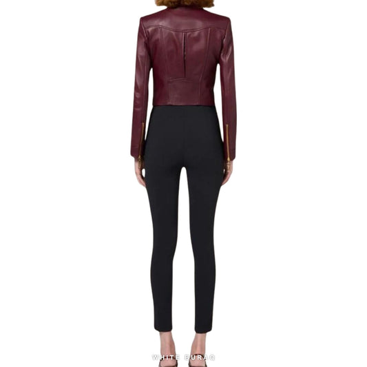 Women's Burgundy Sheepskin Cropped Peplum Jacket – view 2