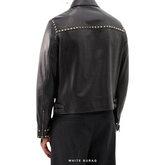 Men's Black Leather Jacket with Rock Studs – view 2