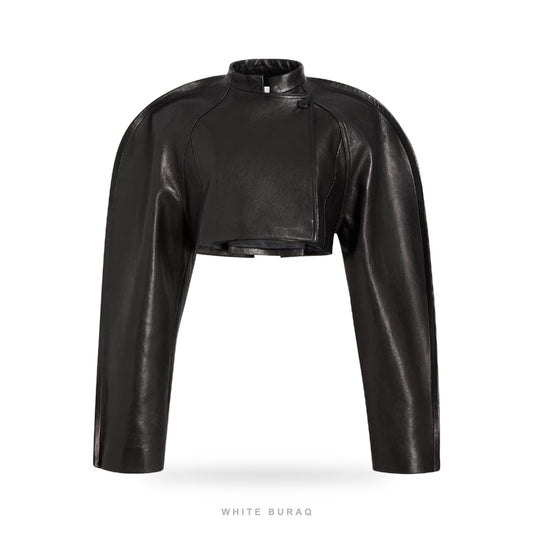 Women's Black Sheepskin Cropped Jacket with Sculptural Sleeves