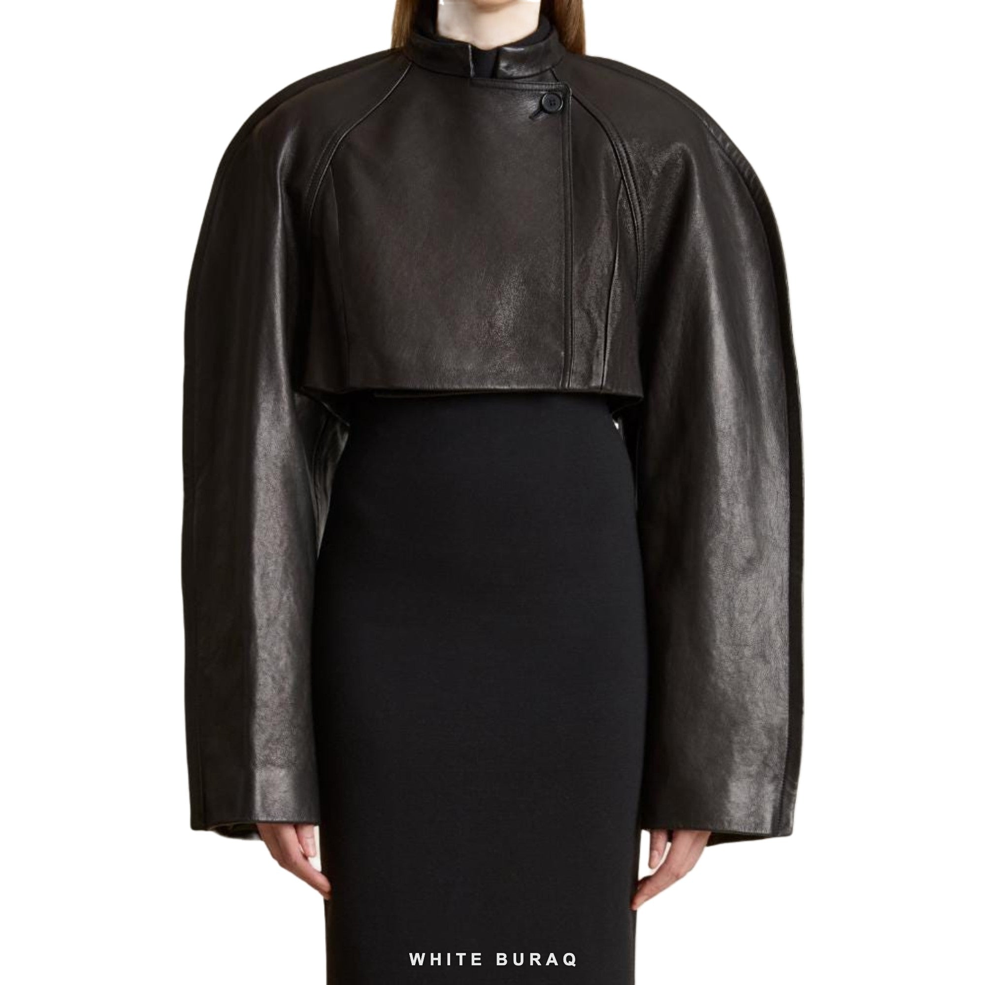 Women's Black Sheepskin Cropped Jacket with Sculptural Sleeves – view 3