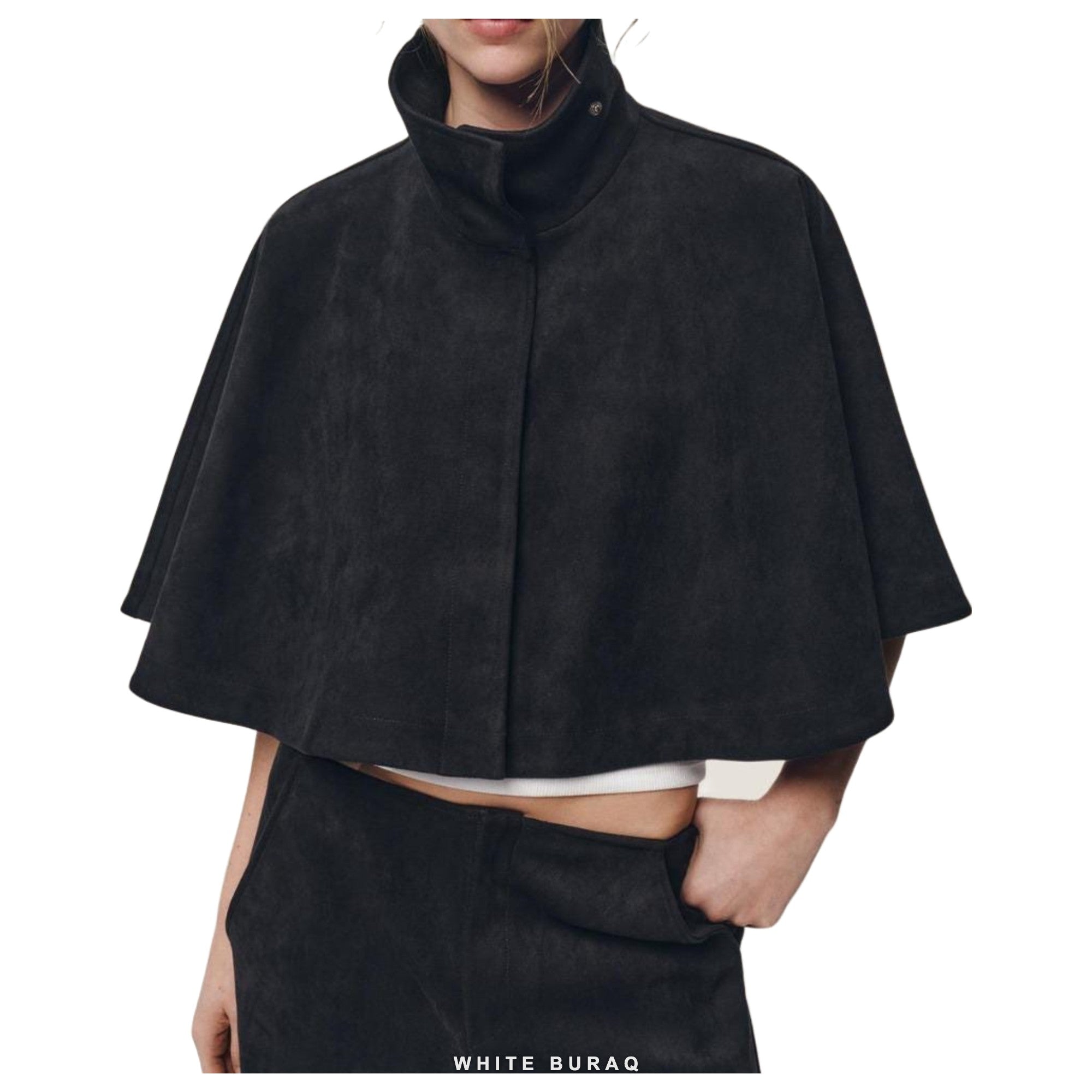 Women's Black Suede High-Neck Cape