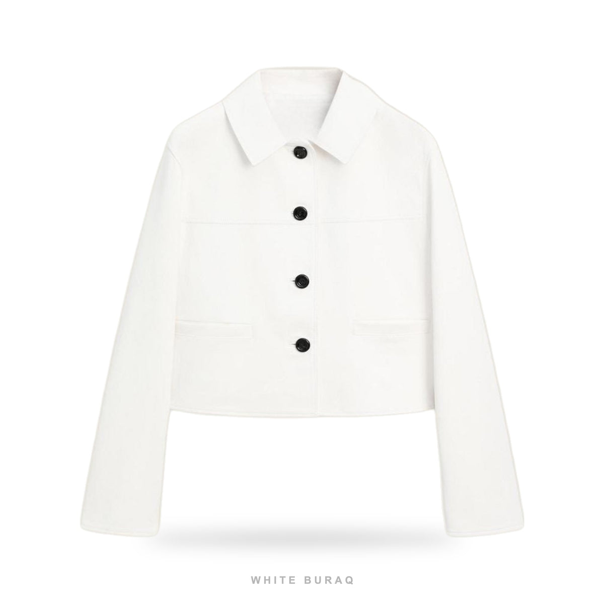 Women's White Cropped Nappa Leather Button-Up Jacket