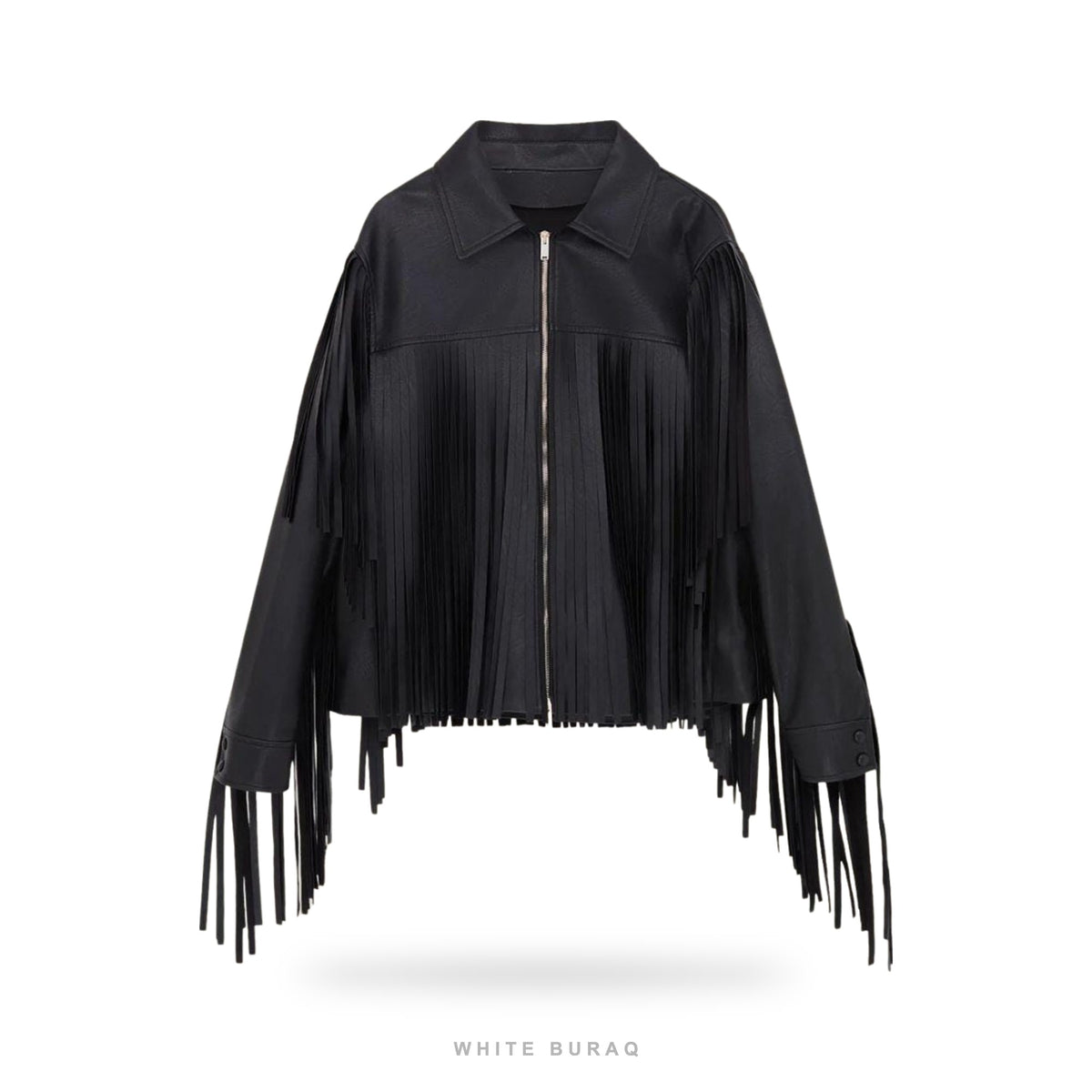 Women's Black Sheepskin Western Fringe Zip Jacket