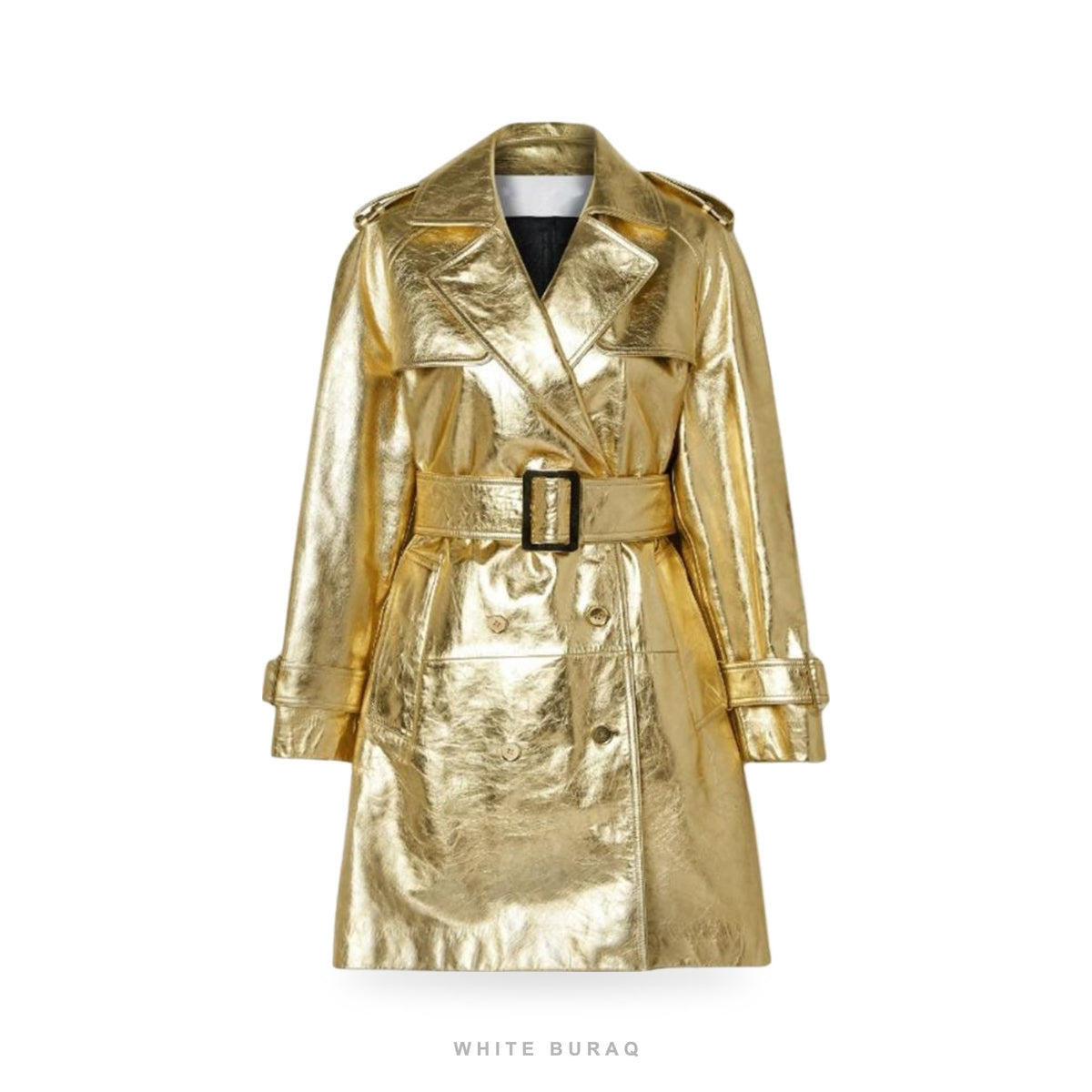 Women's Metallic Gold Leather Midi Trench Coat