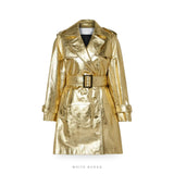 Women's Metallic Gold Leather Midi Trench Coat