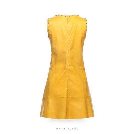 Women's Studded Yellow Leather A-Line Mini Dress – view 2