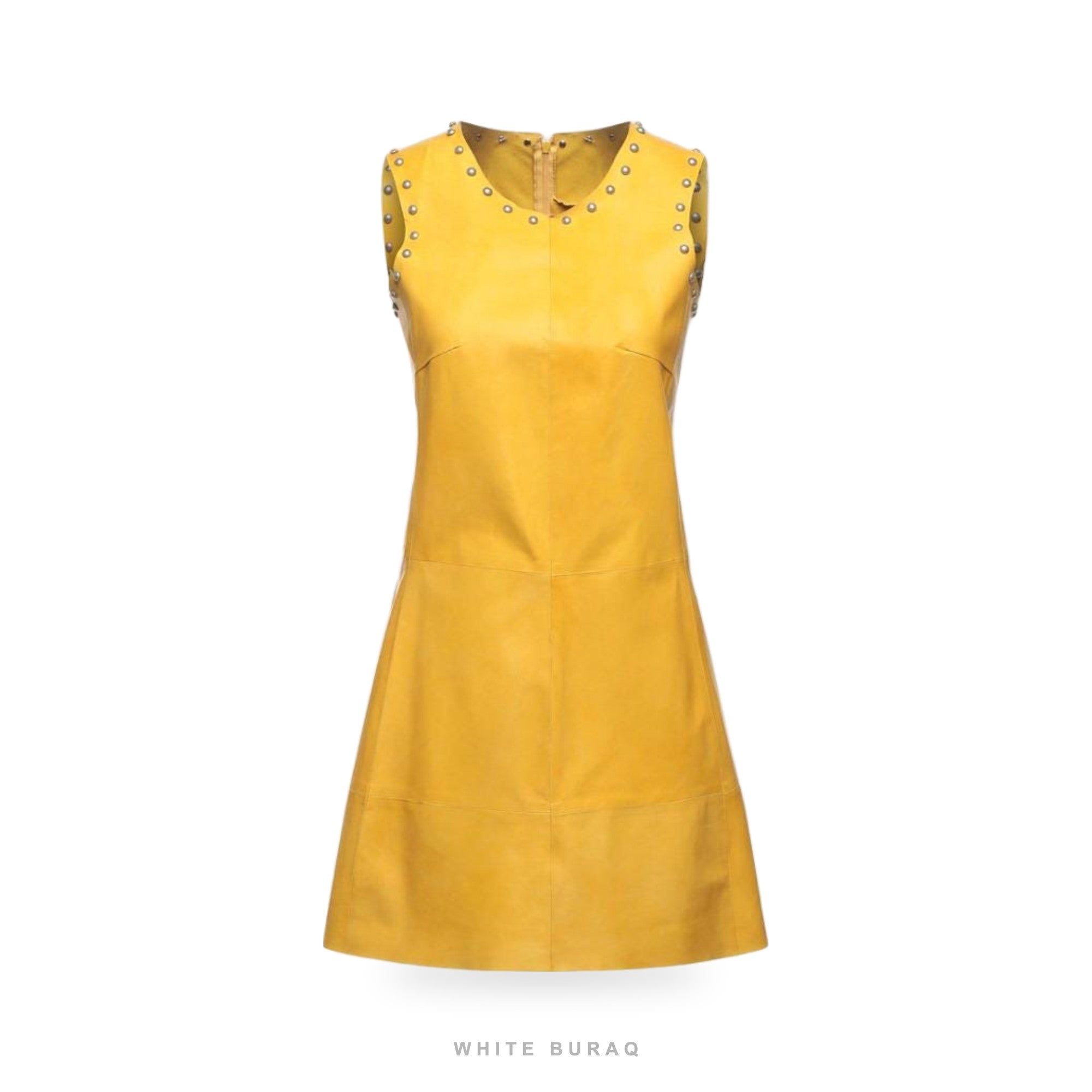 Women's Studded Yellow Leather A-Line Mini Dress – view 3
