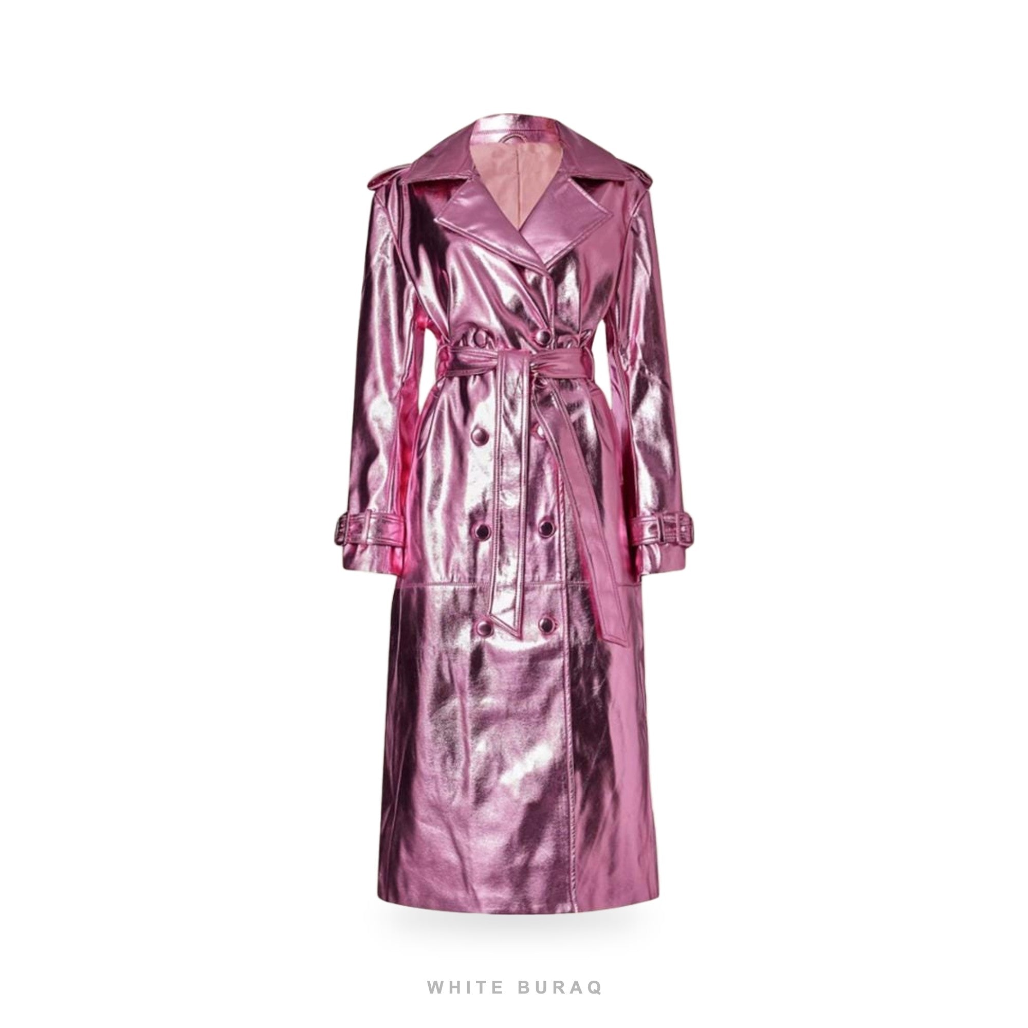 Women's Shiny Pink Metallic Leather Long Trench Coat