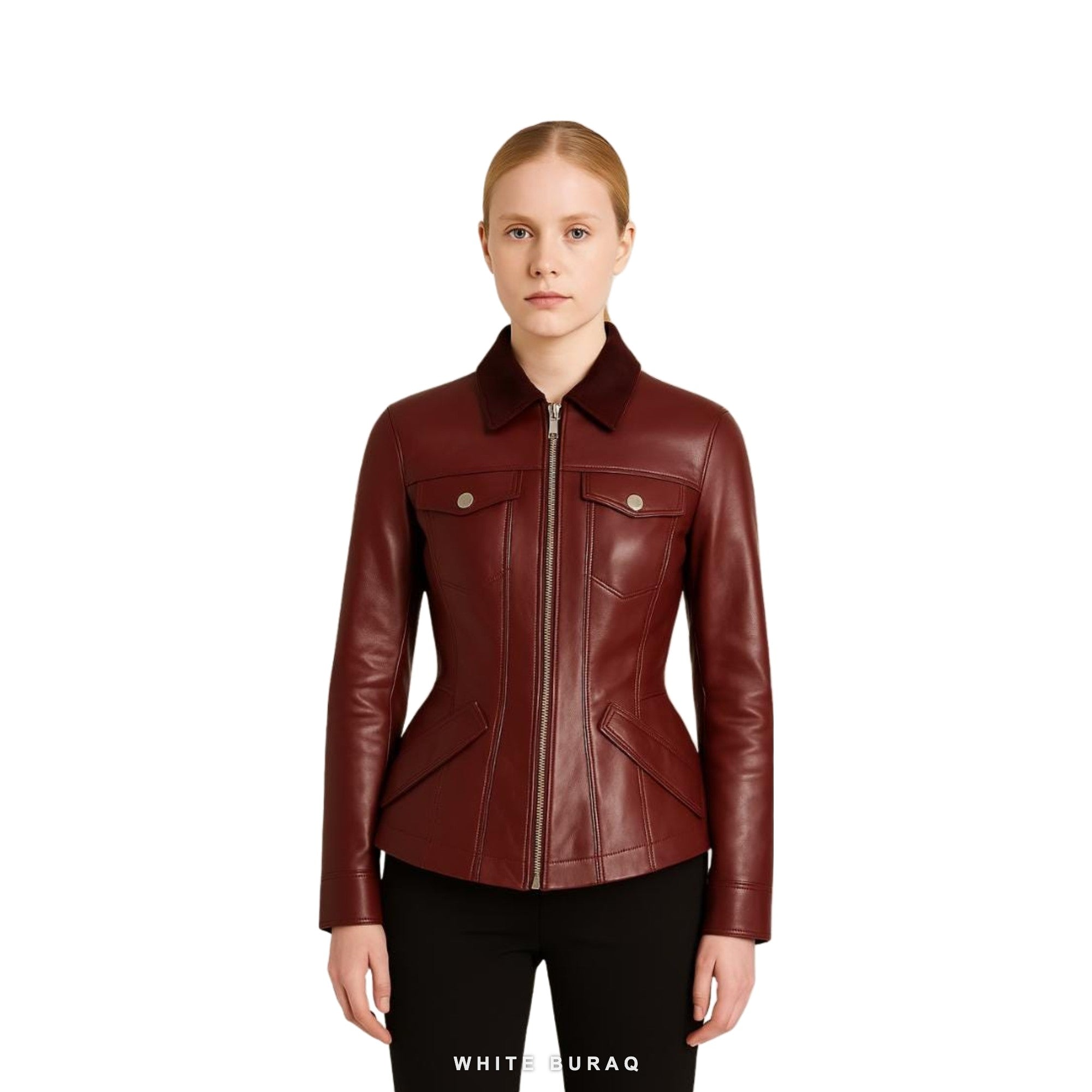 Women's Crimson Sheepskin Peplum Jacket with Corduroy Collar