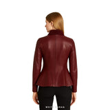 Women's Crimson Sheepskin Peplum Jacket with Corduroy Collar – view 2