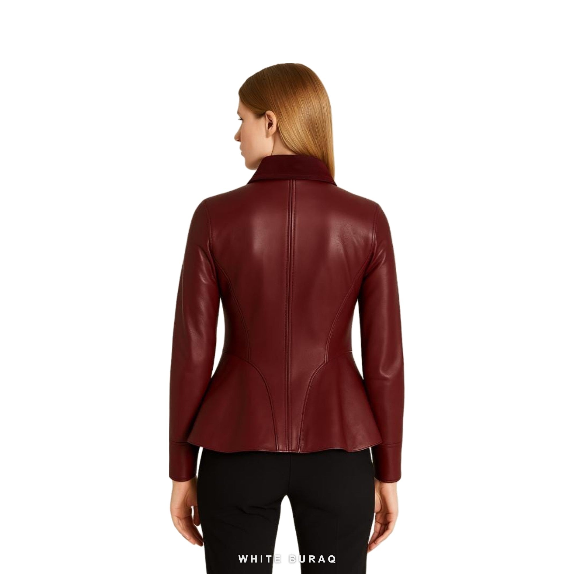 Women's Crimson Sheepskin Peplum Jacket with Corduroy Collar – view 4