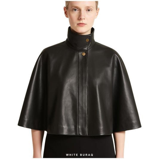 Women's Black Nappa Leather High-Neck Capelet
