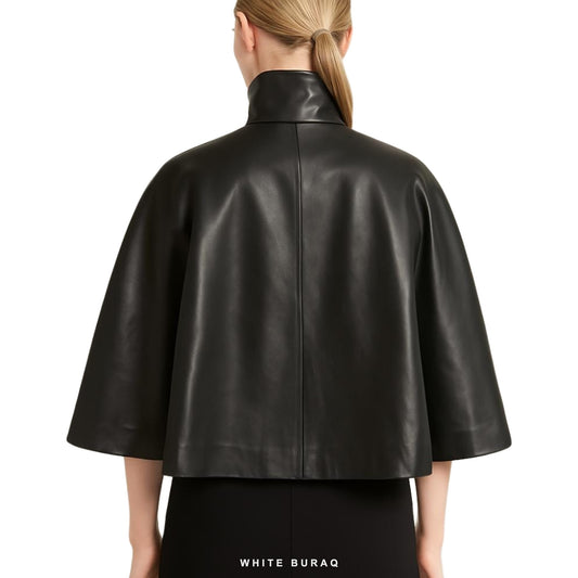 Women's Black Nappa Leather High-Neck Capelet – view 2