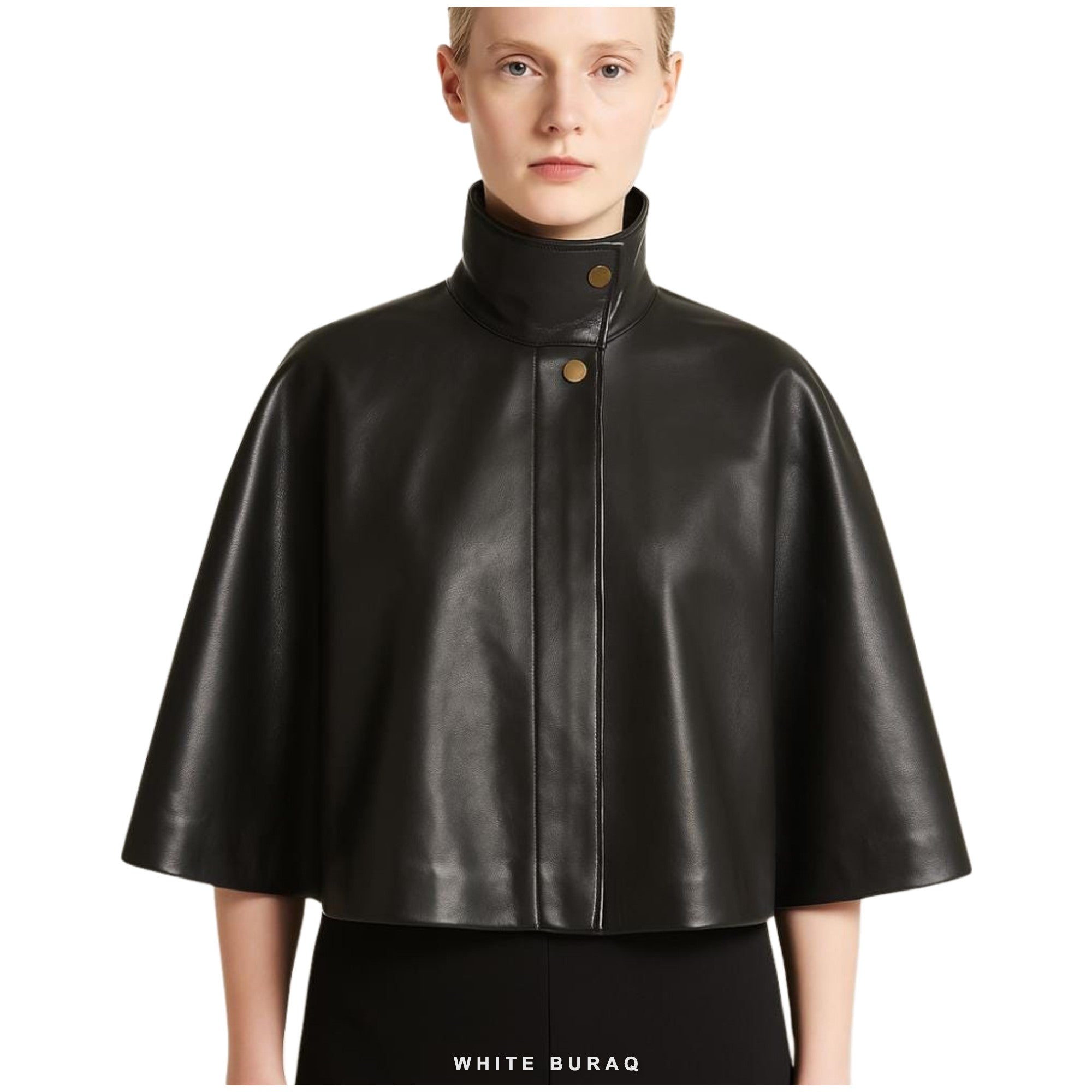 Women's Black Nappa Leather High-Neck Capelet – view 3