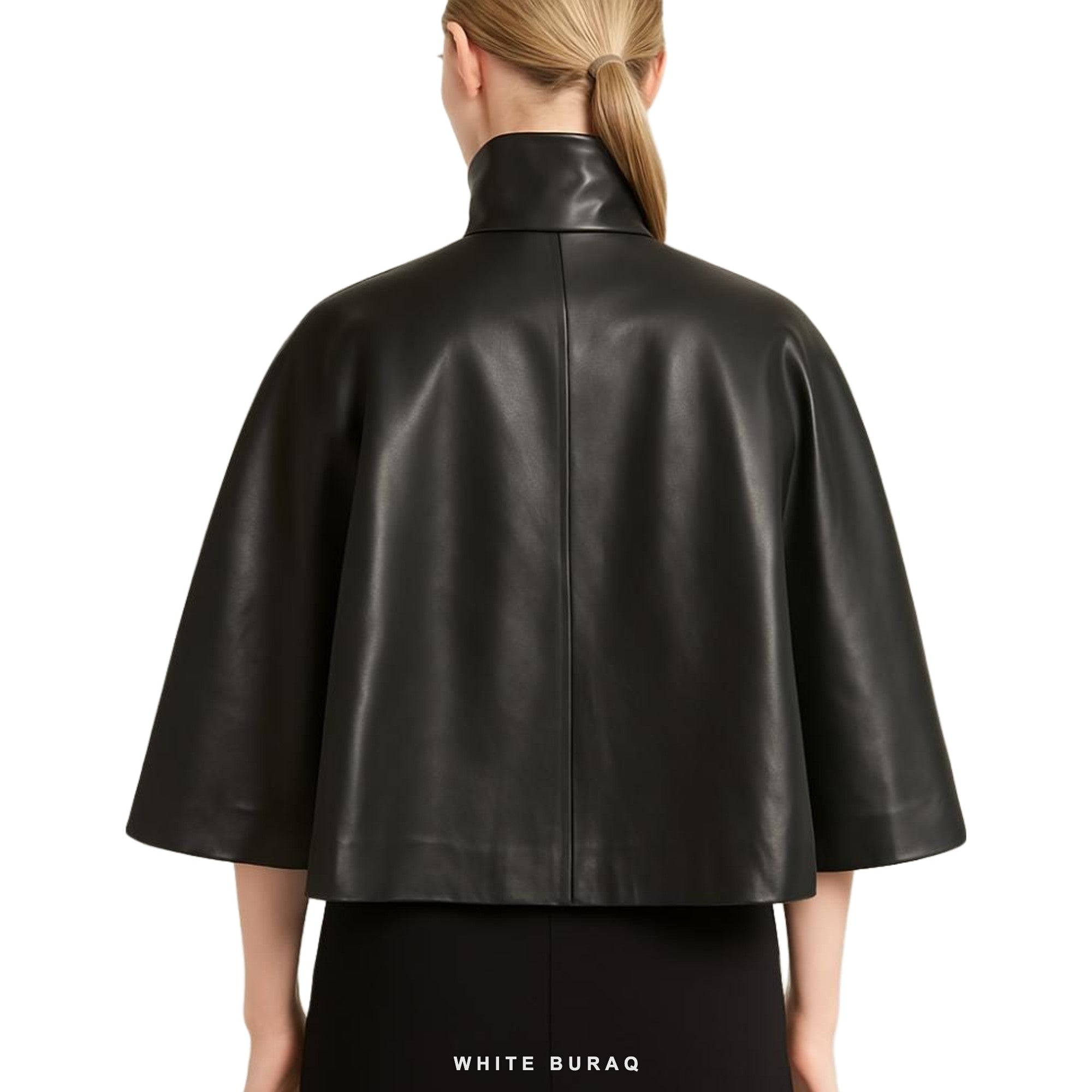 Women's Black Nappa Leather High-Neck Capelet – view 4