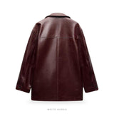 Women's Burgundy Leather Lapel Shirt Jacket – view 2