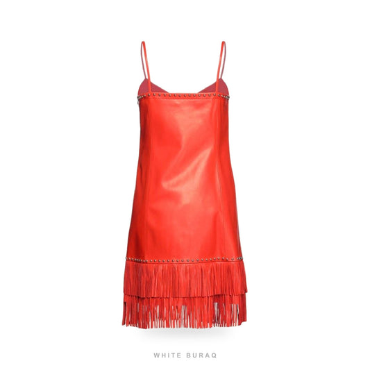 Women's Red Leather Fringe Western Mini Dress – view 2
