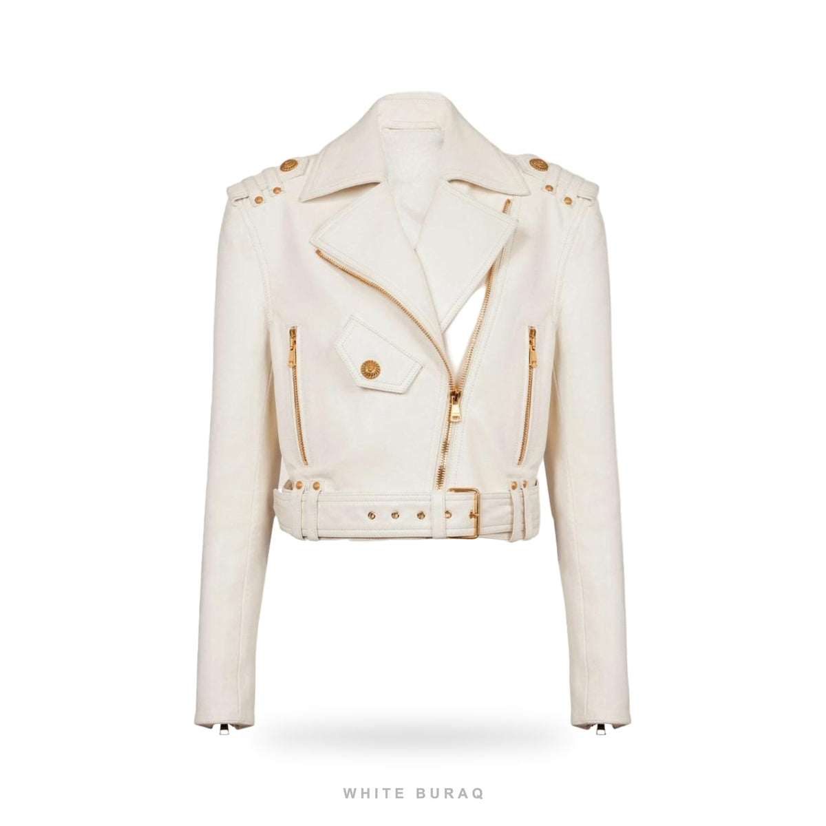 Women's White Lambskin Belted Biker with Gold Hardware