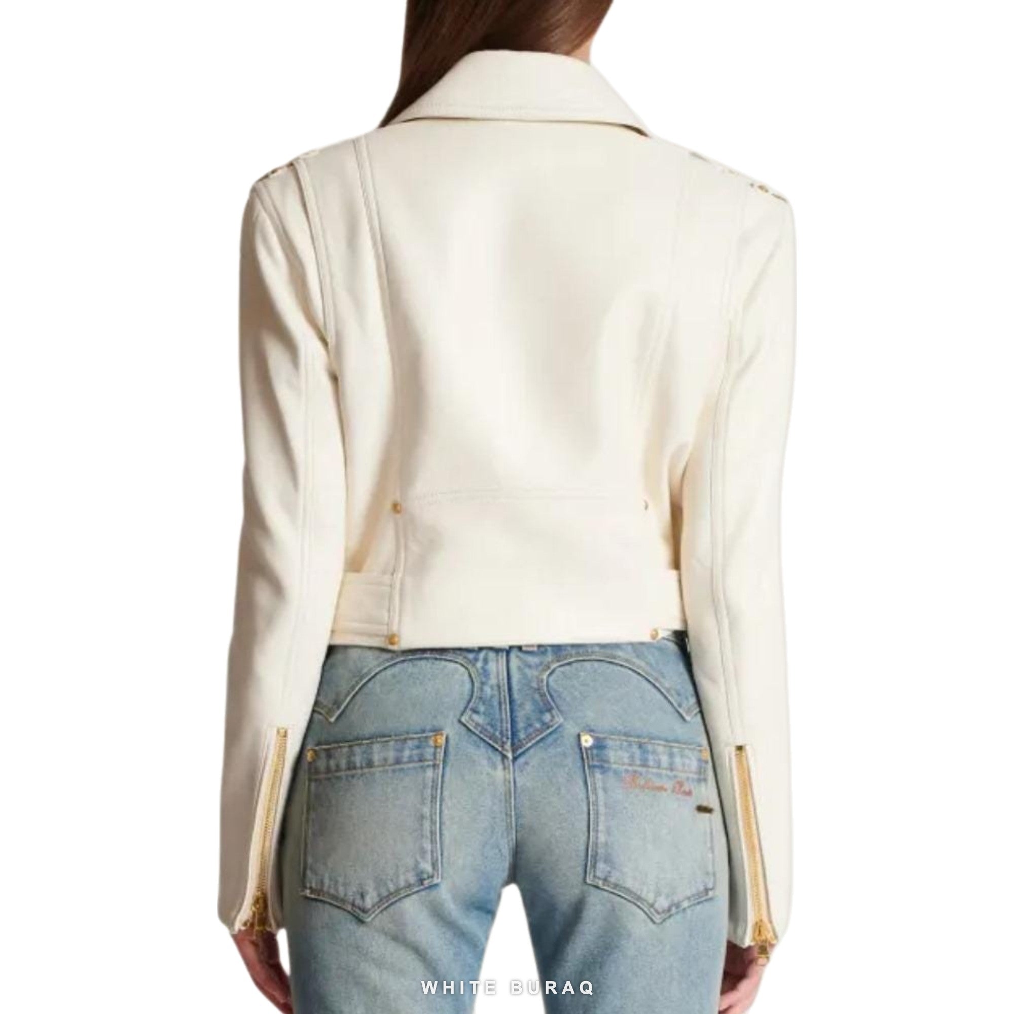 Women's White Lambskin Belted Biker with Gold Hardware – view 2