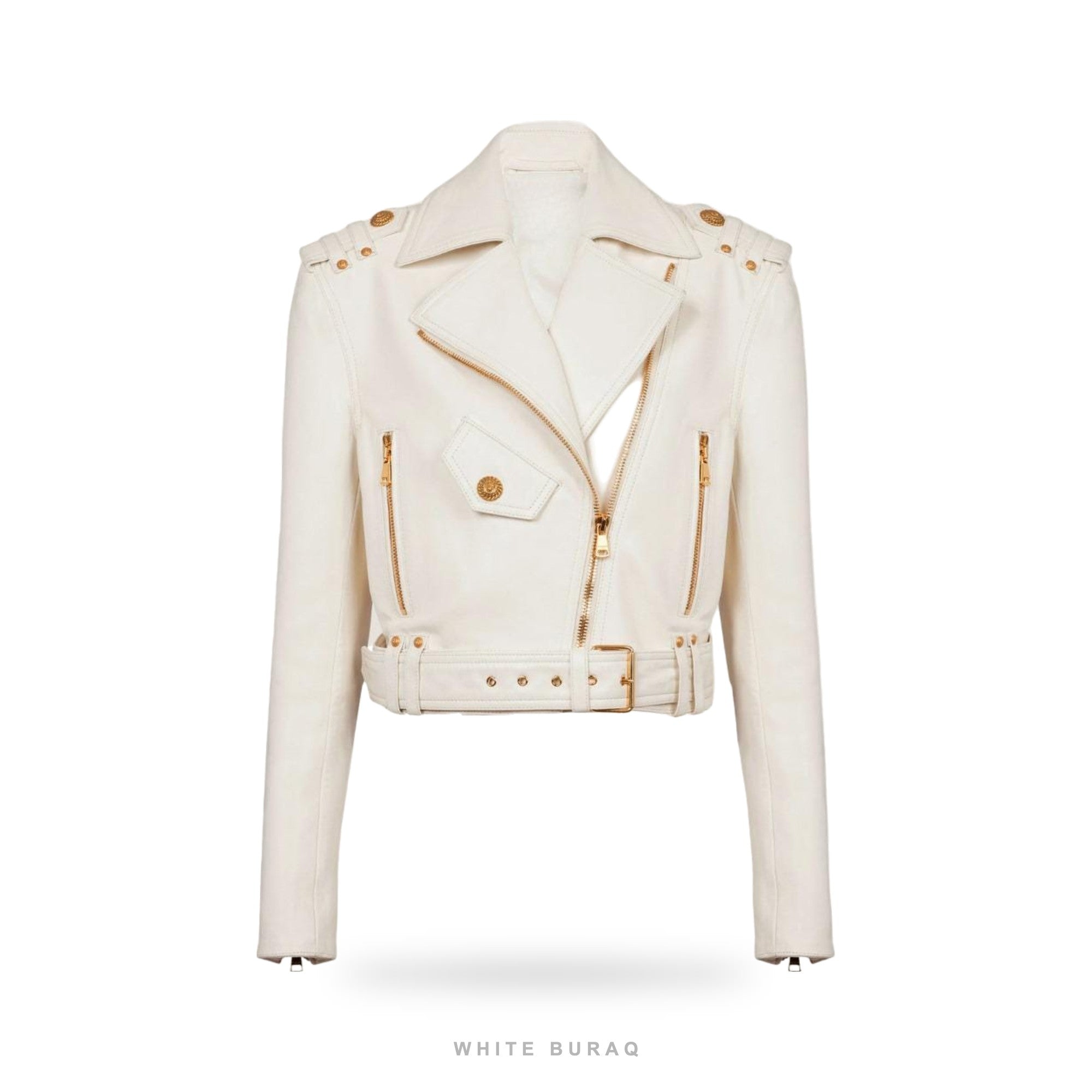 Women's White Lambskin Belted Biker with Gold Hardware – view 3