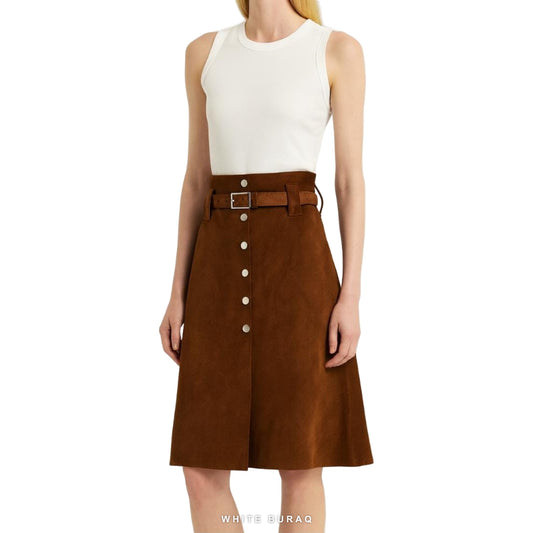Women's Brown Suede Belted A-Line Midi Skirt