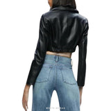 Women's Black Leather V-Neck Cropped Zip Jacket – view 4