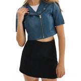 Women's Blue Sheepskin Short-Sleeve Cropped Moto