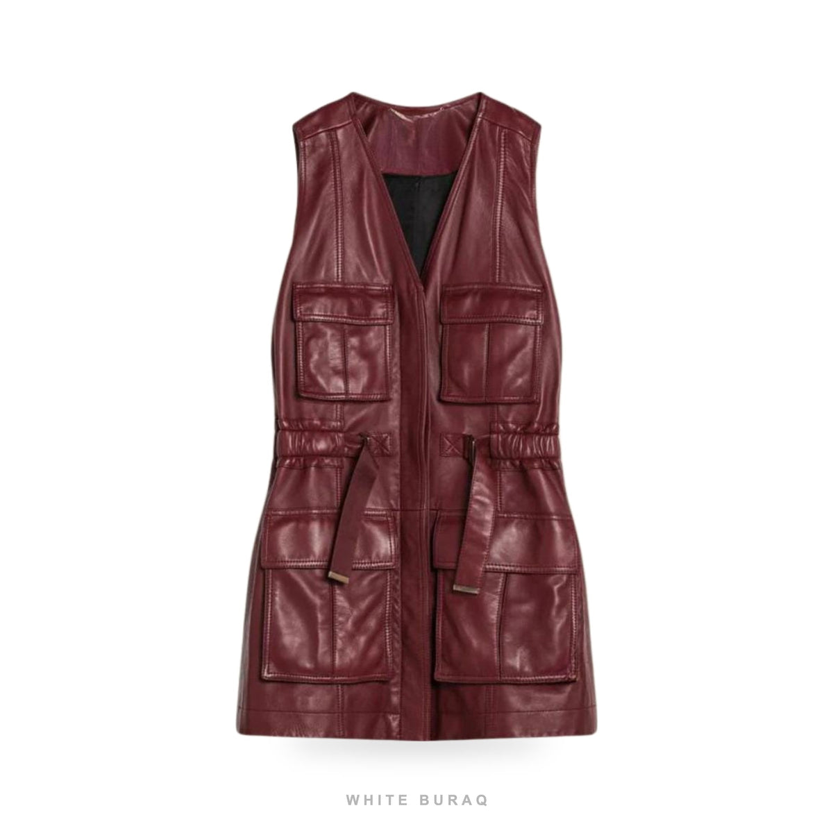 Women's Burgundy Lambskin Belted Vest with Pockets