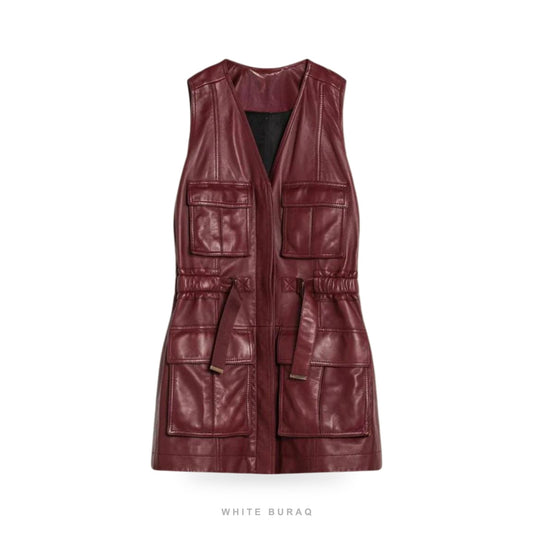 Women's Burgundy Lambskin Belted Vest with Pockets