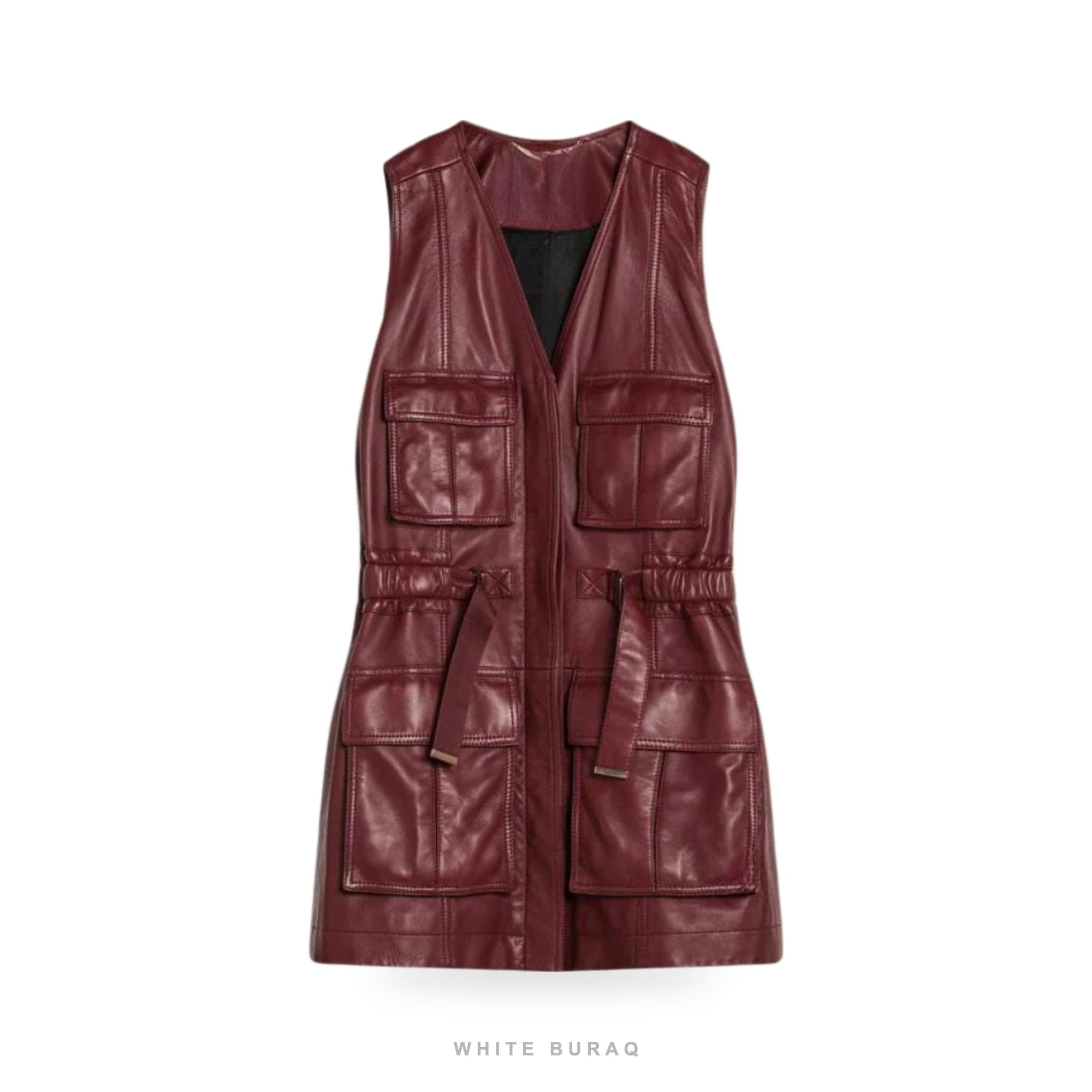 Women's Burgundy Lambskin Belted Vest with Pockets – view 3