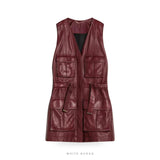 Women's Burgundy Lambskin Belted Vest with Pockets – view 3