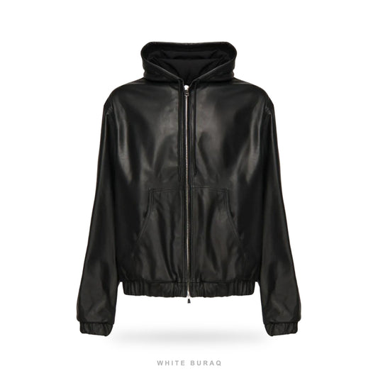 Men's Black Lambskin Leather Hoodie Jacket