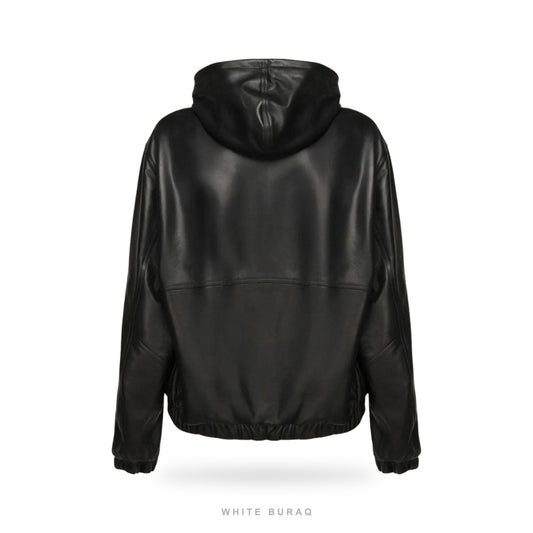 Men's Black Lambskin Leather Hoodie Jacket – view 2