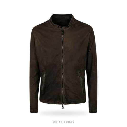 Men's Vintage Brown Suede Collarless Zip Jacket