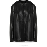 Women's Black Lambskin Crew-Neck Minimal Coat